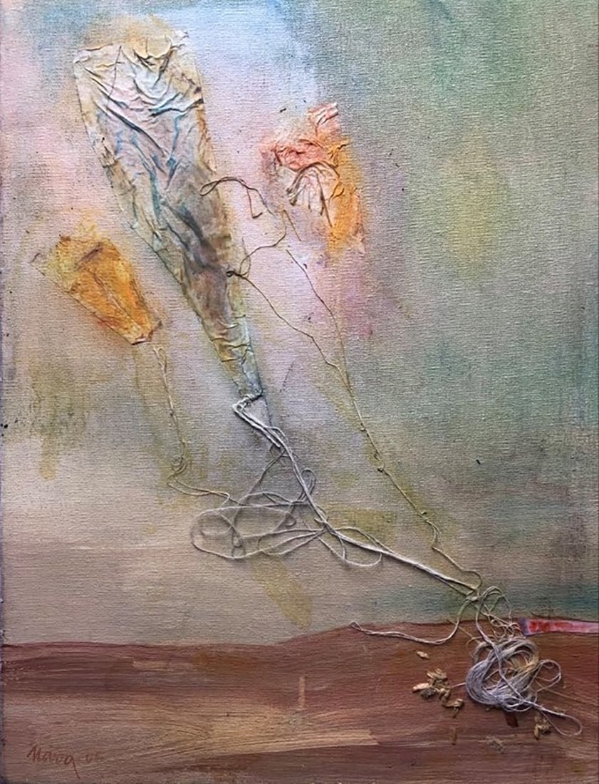 Leopoldo Novoa oil painting on canvas p: Artist: Leopoldo NovoaTechnique: oil painting on canvas and collageMeasure: 35 x 26.5 cmTitle: abstract kites. Art Artwork Artist.