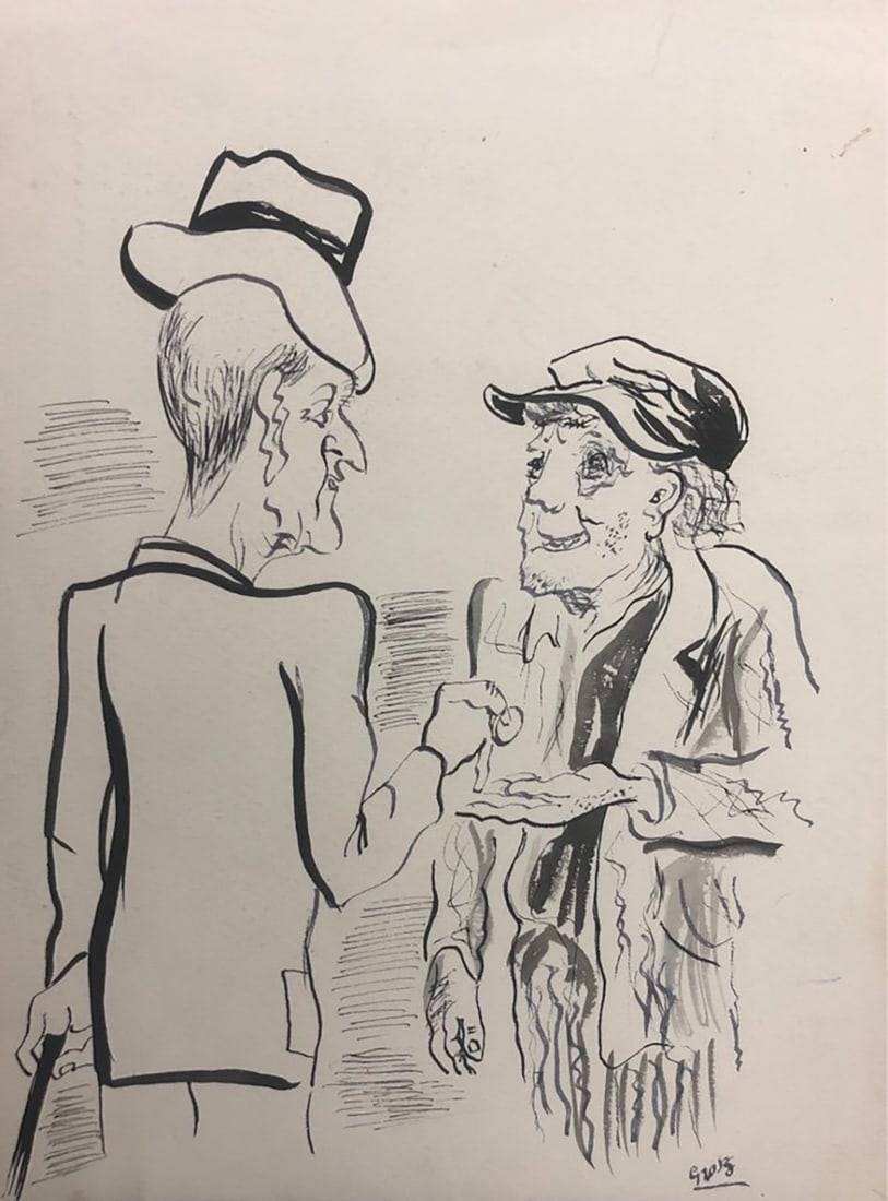 George Grosz. Technique: Ink drawing, watercolor on paper. Title: Knight Giving Coin to Beggar.: Artist: George Grosz.Technique: Ink drawing, watercolor on paper.Title: Knight Giving Coin to Beggar.Signed: Lower right corner GroszMeasurement: 34 x 26 cm. Art Artwork Artist.