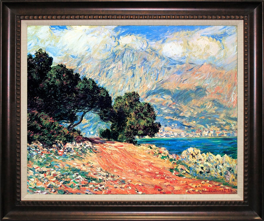 Claude Monet (French 1840-1926) Cap Martin Hand Embellished Painting on canvas after Monet landscape: Claude Monet Giverny Hand Embellished Painting Limited Edition on canvas -Cap Martin after Claude Monet size 26 x 32 inches. Custom framed. Includes documentation Art Artwork Artist.