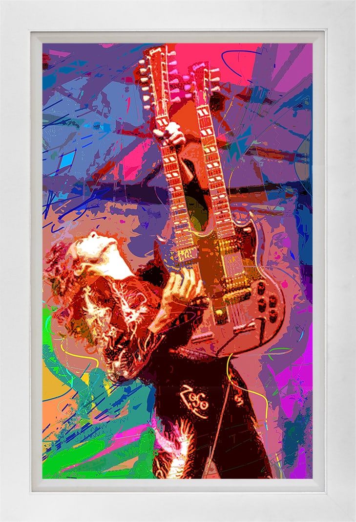 David Lloyd Glover (American 1949) Jimmy Page Stairway to Heaven on canvas by David Lloyd Glover.: Hand Embellished Painting on canvas by David Lloyd Glover Hand signed by the artist. On canvas Limited Edition of 8. Approx image size 18 x 24 inches Custom framed and includes certificate. This work 