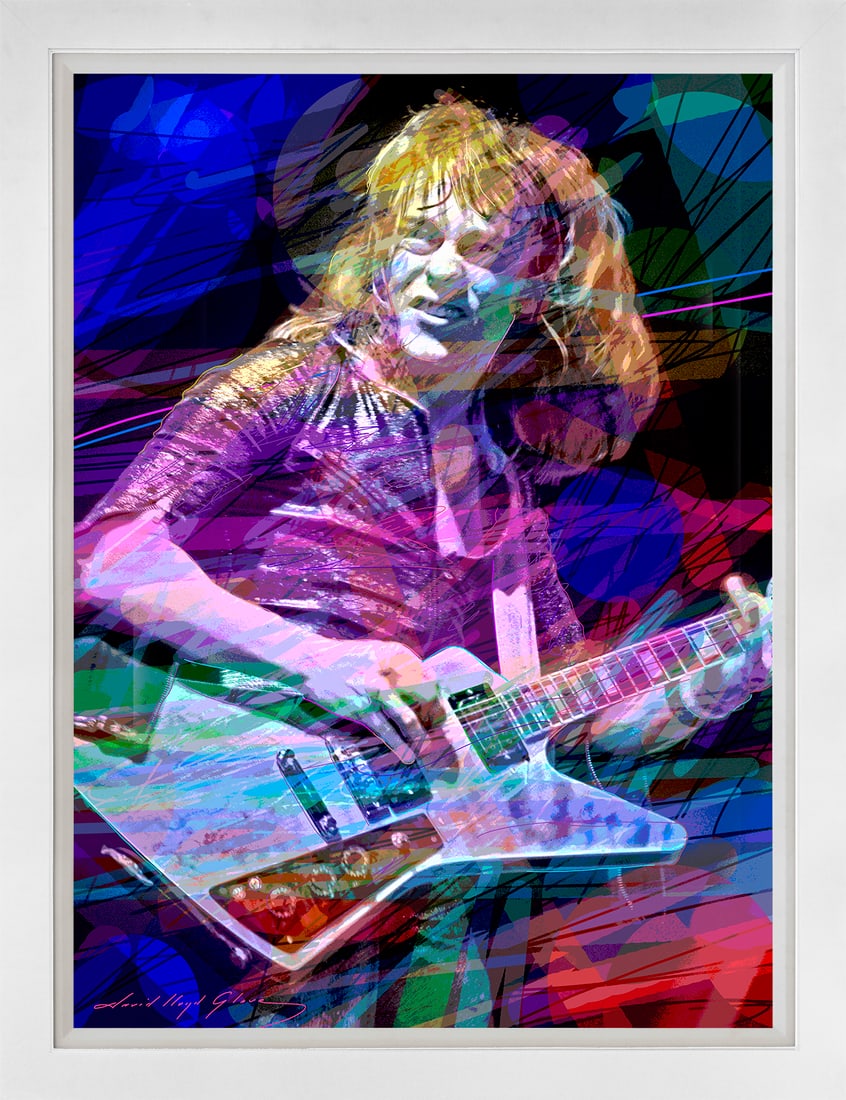 David Lloyd Glover (American 1949) Rick Derringer Gibson Explorer Mixed media Original Painting on: Mixed media on canvas by David Lloyd Glover Hand signed by the artist. On canvas image size Approx image size 18x24 inches Custom framed and includes certificate This work was purchased directly from 