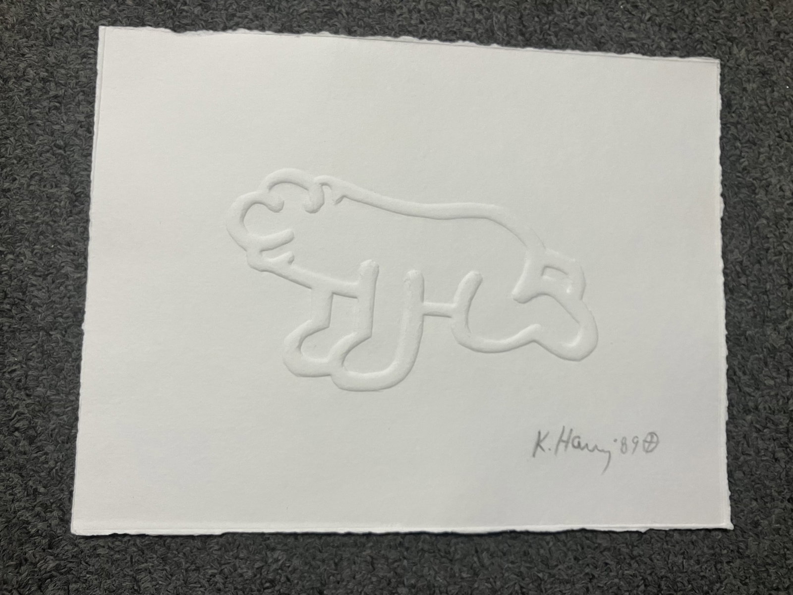 Once upon a Time from 1989 embossed engraving by Keith Haring (American 1958-1990): Keith Haring (American 1958-1990) Once upon a Time from 1989 by Keith Haring embossed engraving Once Upon a Time. This comes framed and with documentation. 1986. Image size is Approx 7x5 inches. Hand 