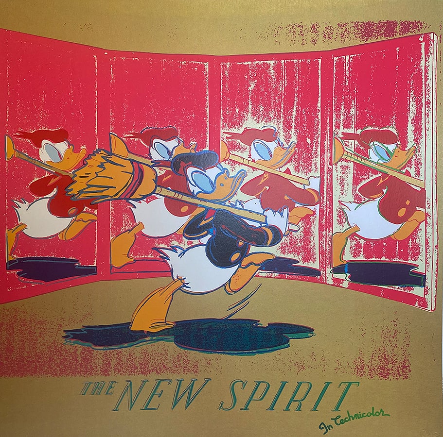 Andy Warhol (American 1928-1987) Screenprint The New Spirit (Donald Duck) 1985 Serigraph: Andy Warhol (American 1928-1987) Andy Warhol Serigraph Screenprint and Colophon. 1985. 38x38 inches approx. This proof was made outside the regular edition during the process of image development and 