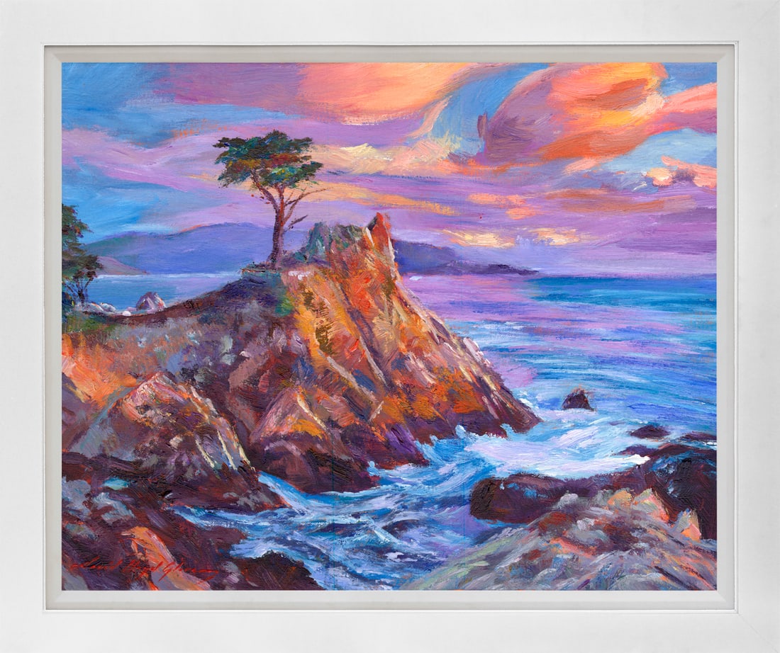 David Lloyd Glover (American 1949) Sundown at Lone Cypress Original Mixed Media Painting on canvas: Original Mixed Media Painting on canvas by David Lloyd Glover One of a kind original Hand signed by David Lloyd Glover Approx 22x26 inches Custom framed and includes certificate of authenticity. Artwo