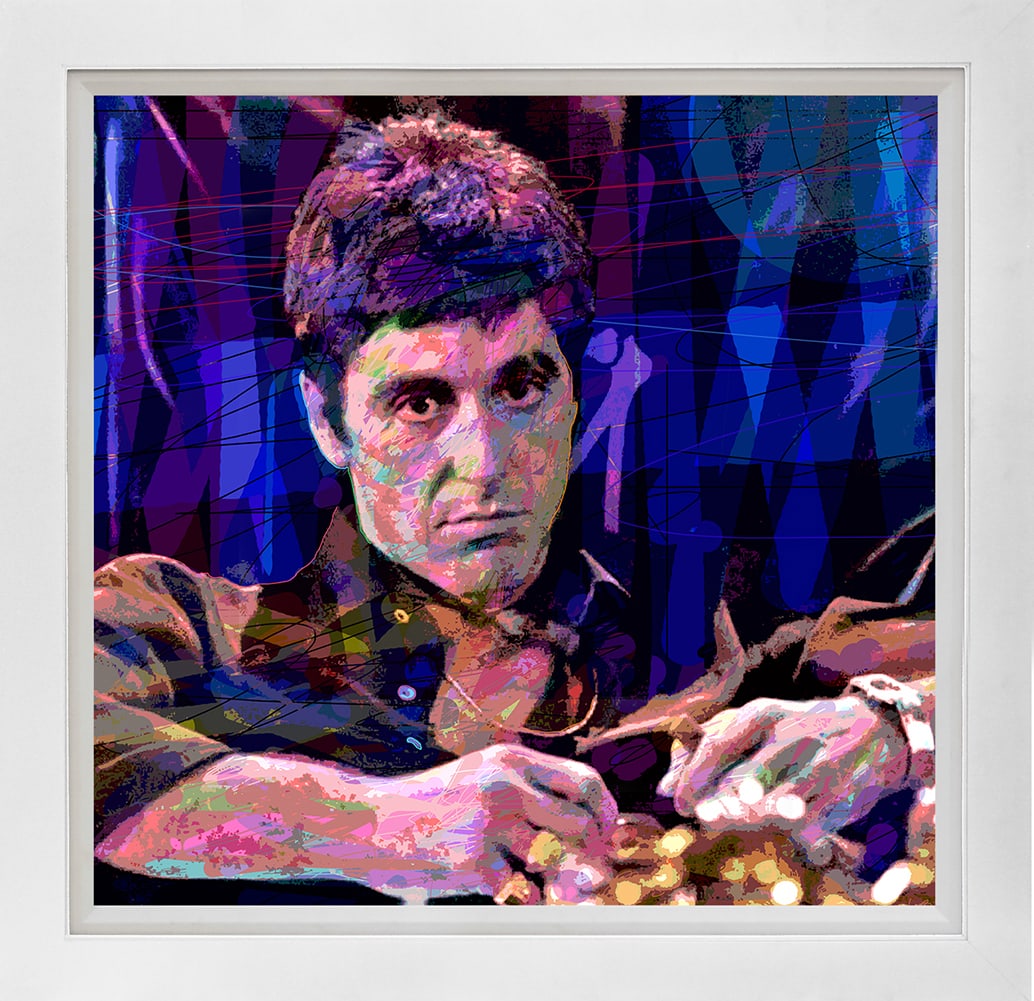 David Lloyd Glover (American 1949) Al Pacino Mixed Media Original Painting on canvas by David Lloyd: Mixed media on canvas by David Lloyd Glover Hand signed by the artist. On canvas image size. Approx image size 18x24 inches Custom framed and includes certificate This work was purchased directly from