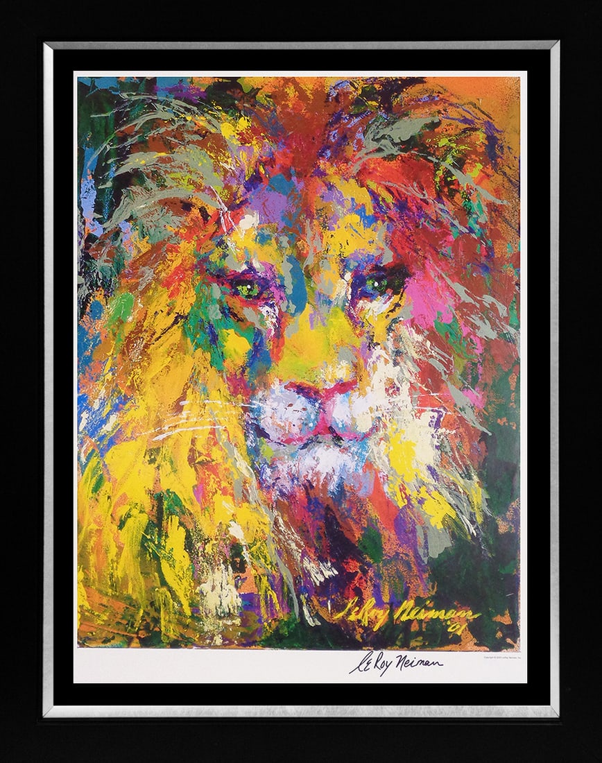 Leroy Neiman (American 1921-2012) Lion Lithograph Hand signed: Leroy Neiman (American 1921-2012) Lion Lithograph Hand signedLeroy Neiman Lithograph. Hand signed by Leroy Neiman Approx. 36x30 inches. Custom framed. Includes documentation Art Artwork Artist.