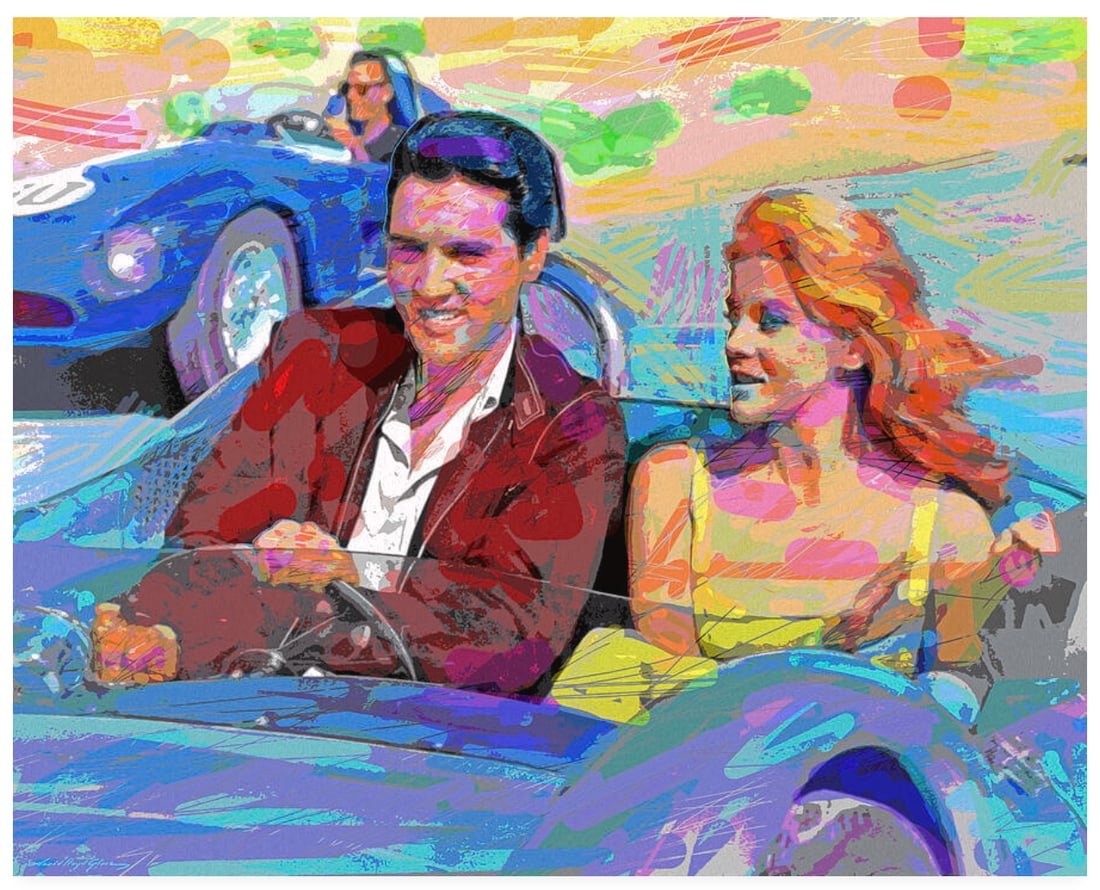 David Lloyd Glover (American 1949) Original Mixed Media Painting on canvas by David Llloyd Glover: David Glover (American, 1949) Elvis Racing in Las Vegas Original Mixed Media Painting on canvas by David Lloyd Glover Original One of a kind original Hand signed by the artist. Approx 24x18 image size