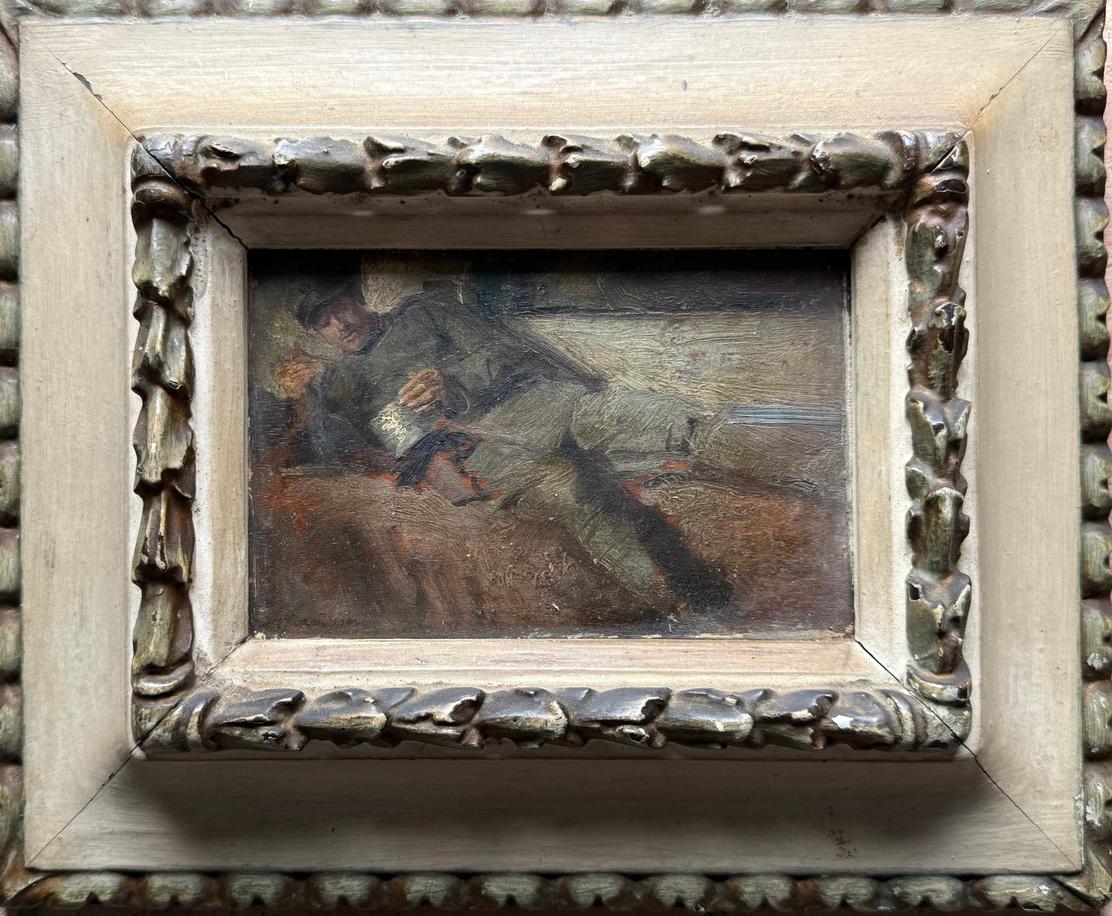 Artist: Illegibly signed, European School Approximate Date: Circa 1890–1910 Title: Soldier in an: Artist: Illegibly signed, European SchoolApproximate Date: Circa 1890–1910Title: Soldier in an InteriorMedium: Oil on wood panelDimensions: 14.5 × 10 cm (5.7 × 3.9 in)Provenance: Private collectio