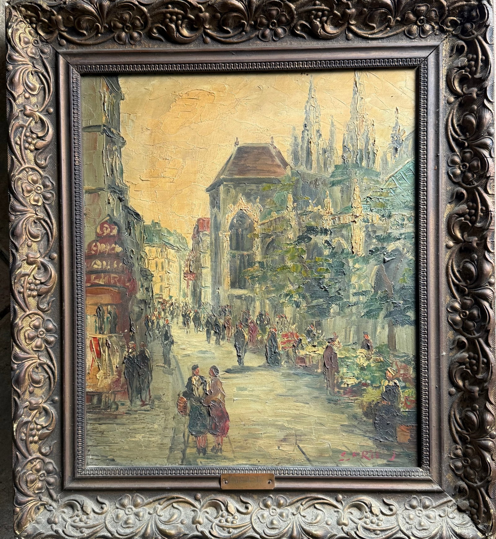 Artist: French Impressionist School, early 20th century, illegibly signed Title: Market Day beside: Artist: French Impressionist School, early 20th century, illegibly signedTitle: Market Day beside the Church of Saint-Jacques, DieppeMedium: Oil on wood panelDimensions: 42 × 38 cm (16.5 × 15 in)Pro