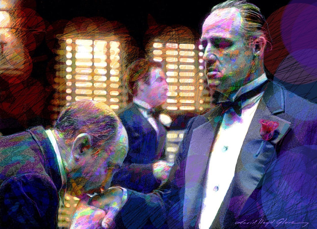 David Lloyd Glover (American 1949) Godfather The Kiss Original Mixed Media Painting on canvas David: Mixed media on canvas by David Lloyd Glover Hand signed by the artist. On canvas image size Approx image size 18x24 inches Custom framed and includes certificate This work was purchased directly from 