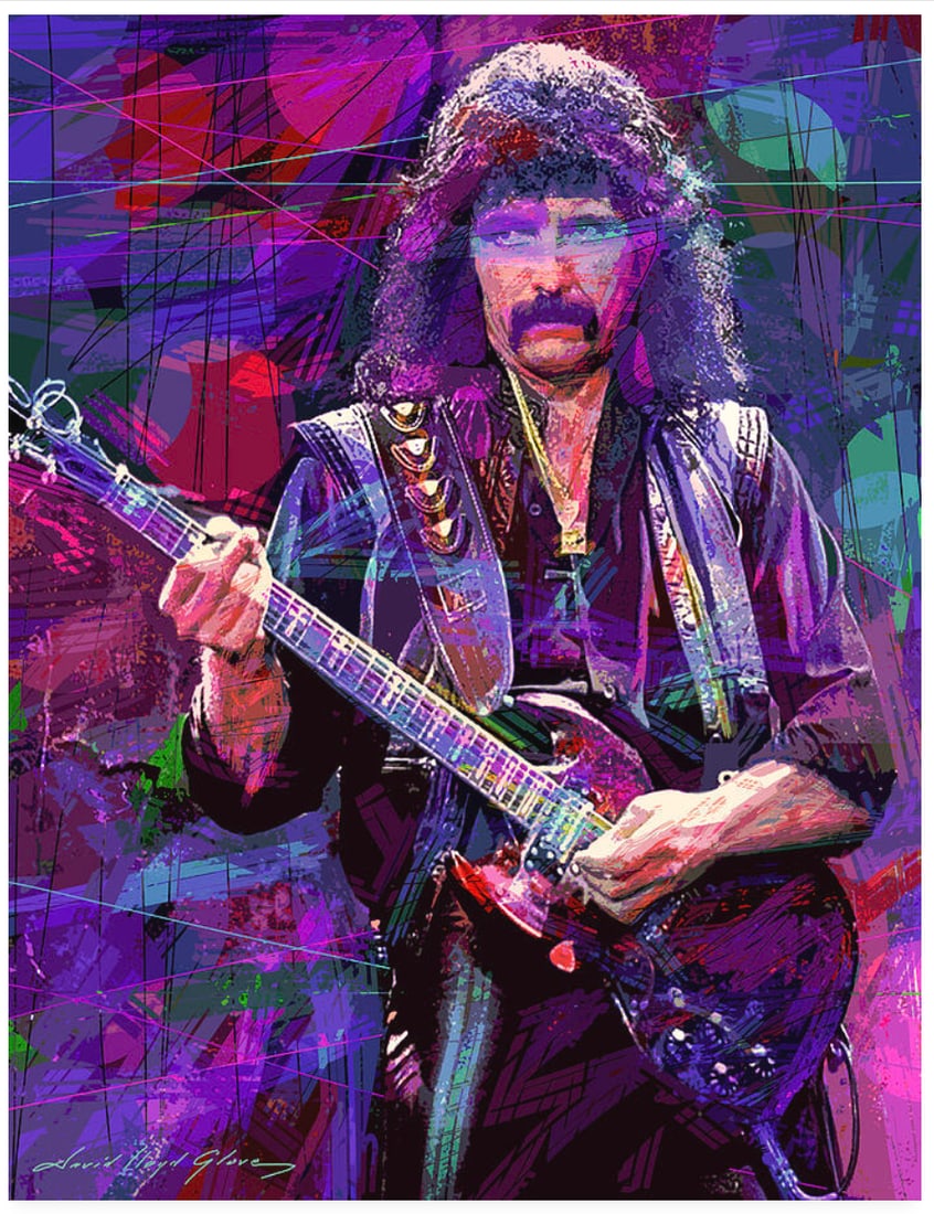David Lloyd Glover (American 1949) Original Mixed Media Painting on canvas by David Llloyd Glover: David Glover (American, 1949) Tony Iommi - Black Sabbath Original Mixed Media Painting on canvas by David Lloyd Glover Original One of a kind original Hand signed by the artist. Approx 24x18 image siz