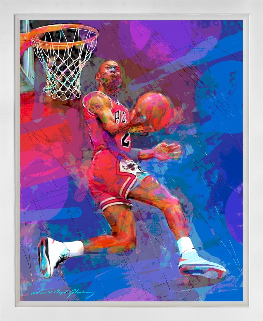 David Lloyd Glover (American 1949) Michael Jordan Air Mixed Media on canvas by David Lloyd Glover: Original Mixed Media Painting on canvas by David Lloyd Glover Original Mixed Media Painting on canvas by David Lloyd Glover Hand signed by the artist. Custom framed and includes documentation from the