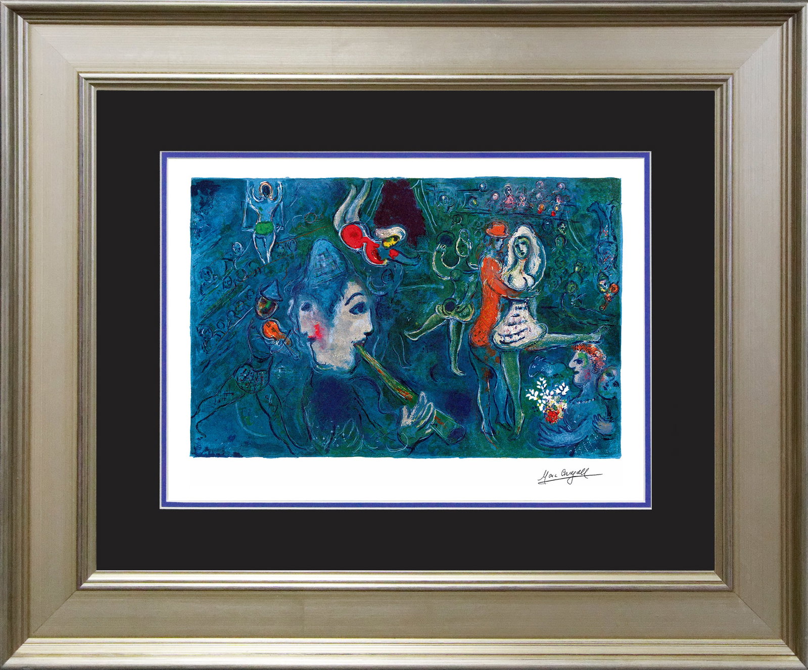 Marc Chagall (Russian-French 1887-1985) Marc Chagall Circus Clown and Dancer Marc Chagall Limited: Marc Chagall (Russian-French 1887-1985) Marc Chagall. Limited edition lithograph on archival watercolor paper. The signature is in the plate. Certificate of Authenticity is included. Approx. 25x30 in.