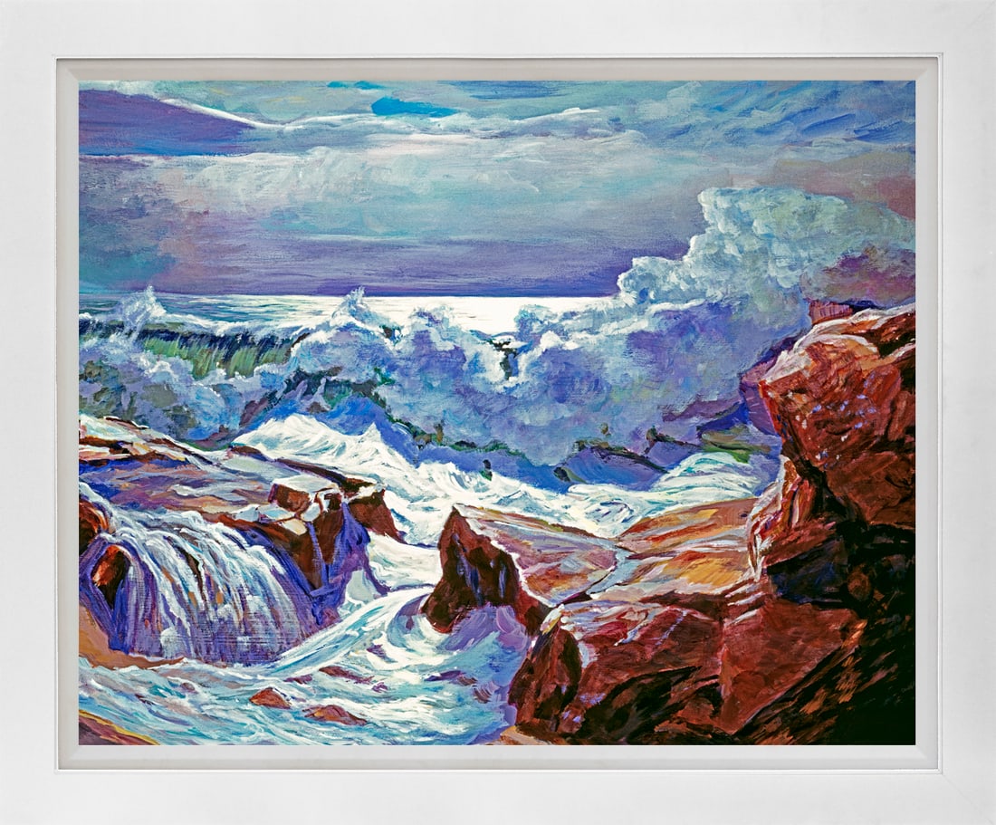 David Lloyd Glover (American 1949) Roar of the Surf Monterey Mixed Media Original Painting on canvas: Mixed Media Original Painting on canvas David Lloyd Glover. One of a kind. Hand signed by the artist. On canvas. Approx image size 24 x18 inches. Custom framed and includes certificate. This work was 