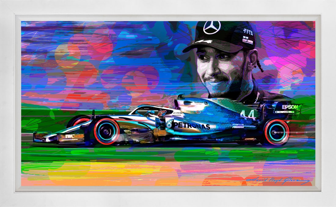 David Lloyd Glover (American 1949) Lewis Hamilton F1 Mercedes Racing Original Mixed Media Painting: Lewis Hamilton F1 Mercedes Racing Original Mixed Media Painting on canvas David Lloyd Glover. On canvas. Approx image size 24 x 18 inches. Custom framed and includes certificate. This work was purchas