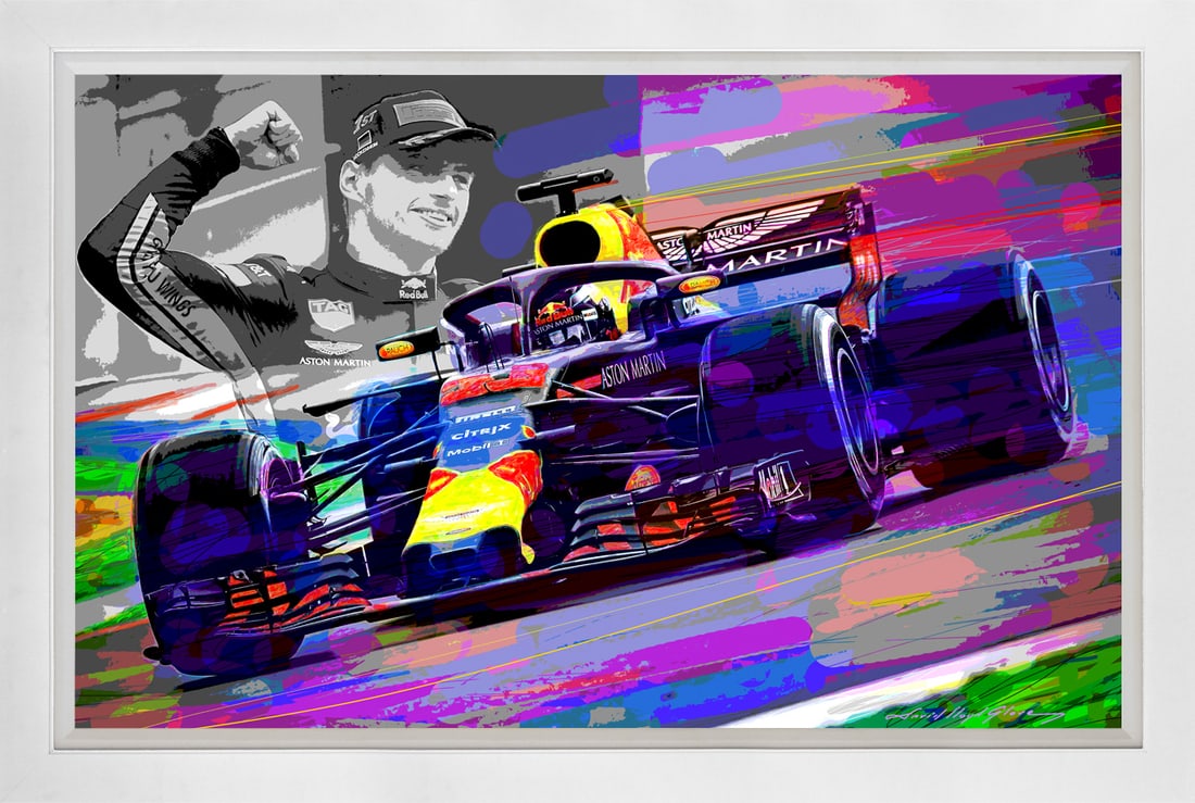 David Lloyd Glover (American 1949) Max Verstappen F1 Red Bull Racing Original Mixed Media Painting: Max Verstappen F1 Red Bull Racing Original Mixed Media Painting on canvas David Lloyd Glover. On canvas. Approx image size 24 x 18 inches. Custom framed and includes certificate. This work was purchas