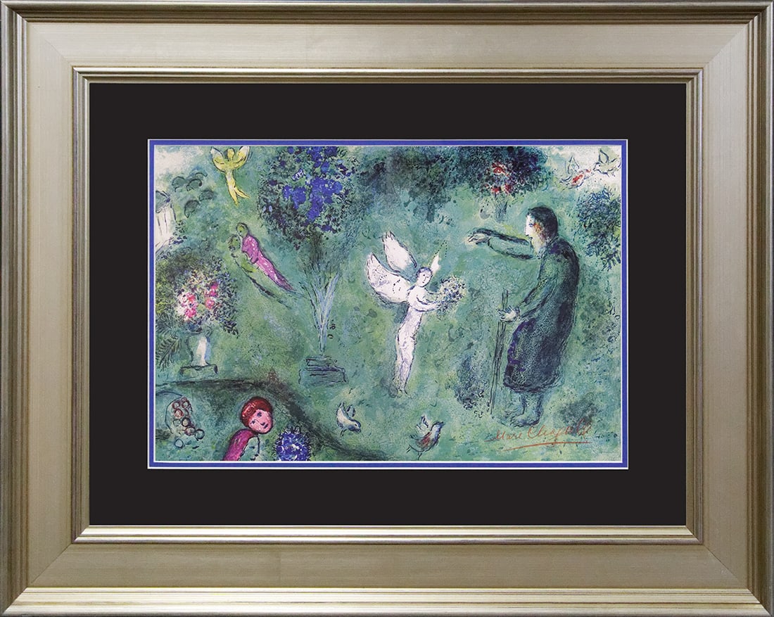 Marc Chagall (Russian-French 1887-1985) Marc Chagall Lithograph Hand signed: Marc Chagall (Russian-French 1887-1985 Marc Chagall Hand Signed Lithograph. This lithograph is hand signed by the artist. Custom framed. Includes certificate of authenticity. Approx 26x28 inches. Mour