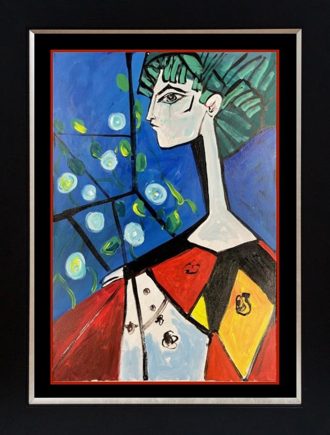 Pablo Picasso (Spanish 1881-1973) in the manner of Picasso oil painting on canvas: Pablo Picasso (Spanish 1881-1973) oil painting on canvas in the manner of Pablo Picasso (Spanish 1881-1973) on canvas. Approx 30x24 inches Custom framed. Includes documentation. Art Artwork Artist.