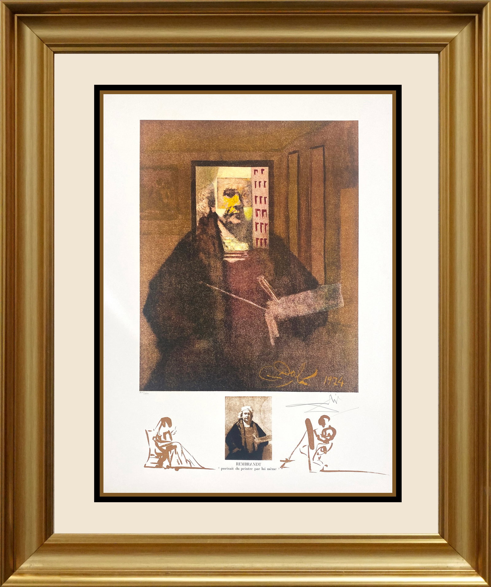 Salvador Dali (Spanish 1904-1989) Limited Edition Lithograph Rembrandt Portrait du Painter par: Salvador Dali (Spanish 1904-1989) Rembrandt Portrait du Painter par Lui-Meme from Changes in Great Masterpieces 1974. Limited Edition Hand signed and number Lithograph with Remarque.Salvador Dali's