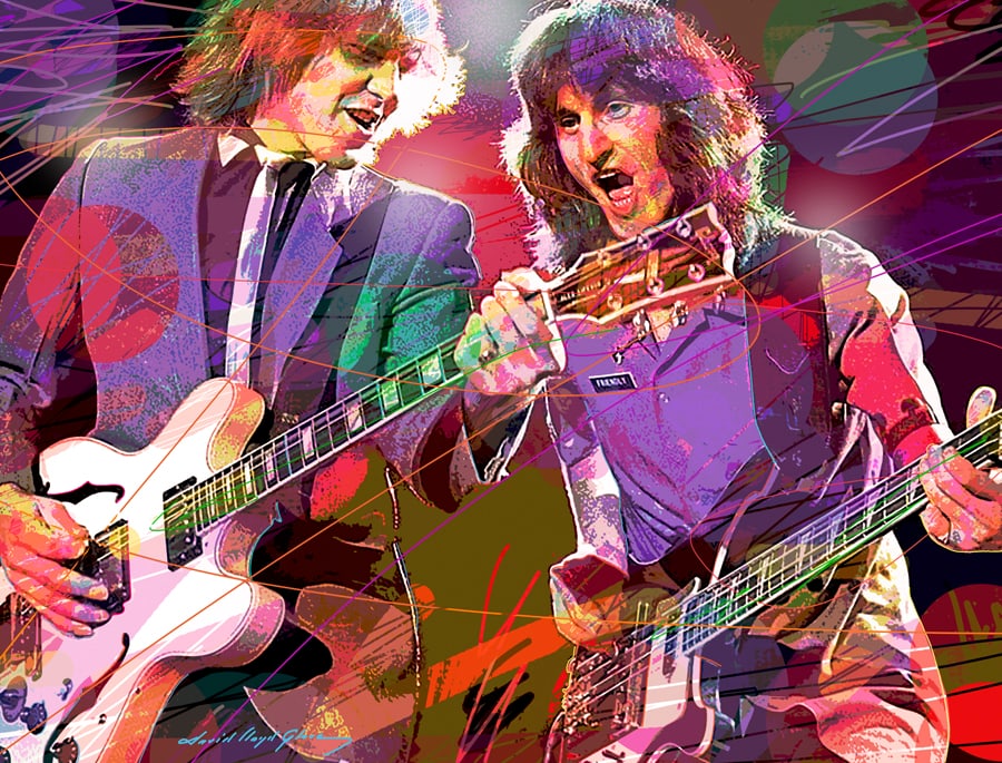 David Lloyd Glover (American 1949) Alex Lifeson Geddy Lee Rush Original Mixed Media Painting on: Mixed media on canvas by David Lloyd Glover Hand signed by the artist. Approx image size 18x24 inches. Custom framed and includes certificate. This work was purchased directly from the artist. Art