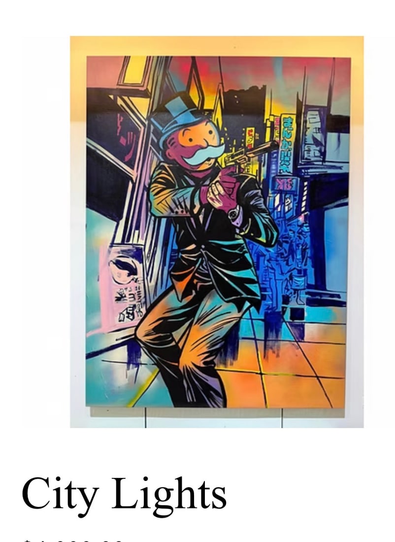 Sinister Monopoly Titled: City Lights Acrylic Paint on canvas Size : 59x49 inches: Sinister Monopoly Titled: City LightsAcrylic Paint on canvasSize : 59x49 inches image size Includes certificate One of a kind original Hand signed by the artist.