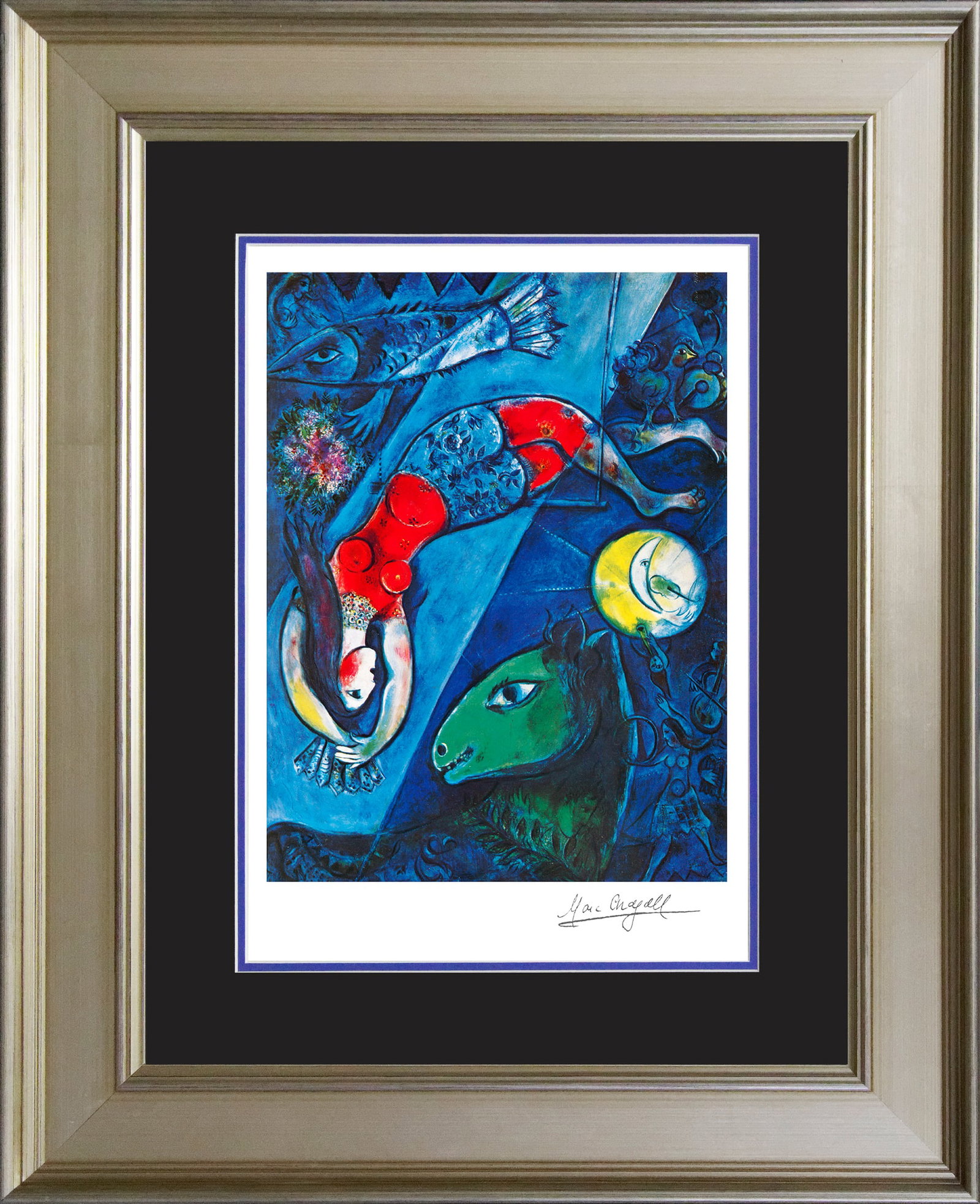 Marc Chagall (Russian-French 1887-1985) Blue Circus Limited Edition: Marc Chagall (Russian-French 1887-1985) Blue Circus Limited Edition Marc Chagall Limited Edition on paper The signature is in the plate. Includes documentation. Approx. 26x30 inches. Custom framed. Ar