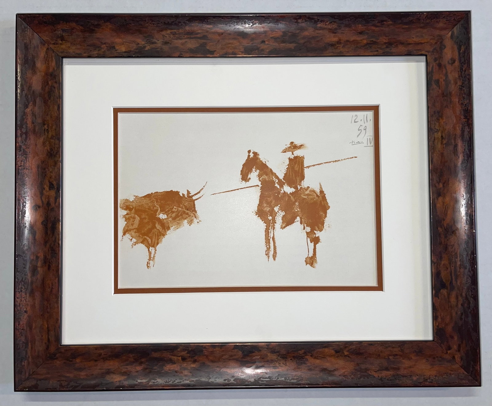 Pablo Picasso (Spanish 1881-1973) Original Lithograph from 1961: Pablo Picasso (Spanish 1881-1973) Bullfight from 1961 Lithograph Toros Y Toreros. Custom framed Approx 20x24 inches Dated in the plate. Mourlot Press Paris France from 1961. Includes documentation Art