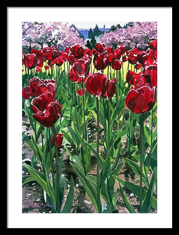 David Lloyd Glover (American 1949) Claret Tulips Original Mixed Media Painting on canvas by David: Mixed media original by David Lloyd Glover. Hand signed by the artist. On canvas. Approx 18x24 inches image size. Custom framed and includes certificate. This work was purchased directly from the arti
