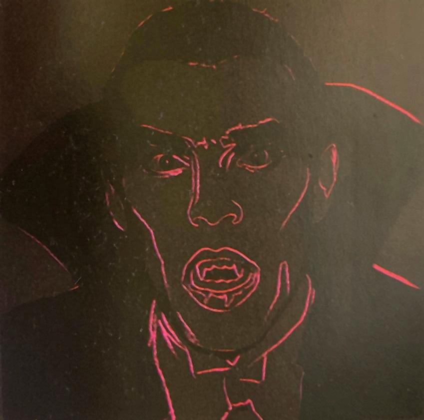 Andy Warhol (American 1928-1987) Screenprint Dracula 1981 from the Myths Suite Serigraph: Andy Warhol (American 1928-1987) Dracula Andy Warhol Serigraph Screenprint and Colophon. 1981. Approx 38x38 inches. This working trial proof was made outside the regular edition during the process of 