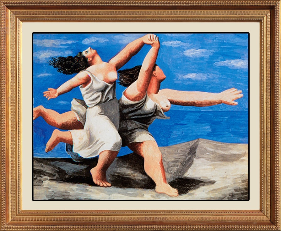 Pablo Picasso (Spanish 1881-1973) Two Women Running on Beach Collection Domaine Picasso Lithograph: Pablo Picasso (Spanish 1881-1973) Limited Edition Two Women Running on Beach 20x24 Limited Edition ink on canvas estate signed and part of the Collection Domaine Picasso. Custom framed. Includes