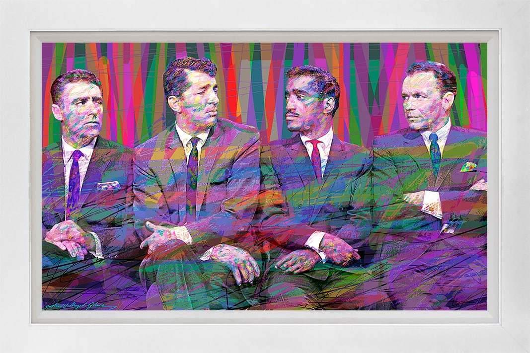 David Lloyd Glover (American 1949) The Rat Pack Mixed Media on canvas by David Lloyd Glover: The Rat Pack Mixed media on canvas by David Lloyd Glover Hand signed by the artist. On canvas image size. Approx image size 18x24 inches. Custom framed and includes certificate. This work was purchase