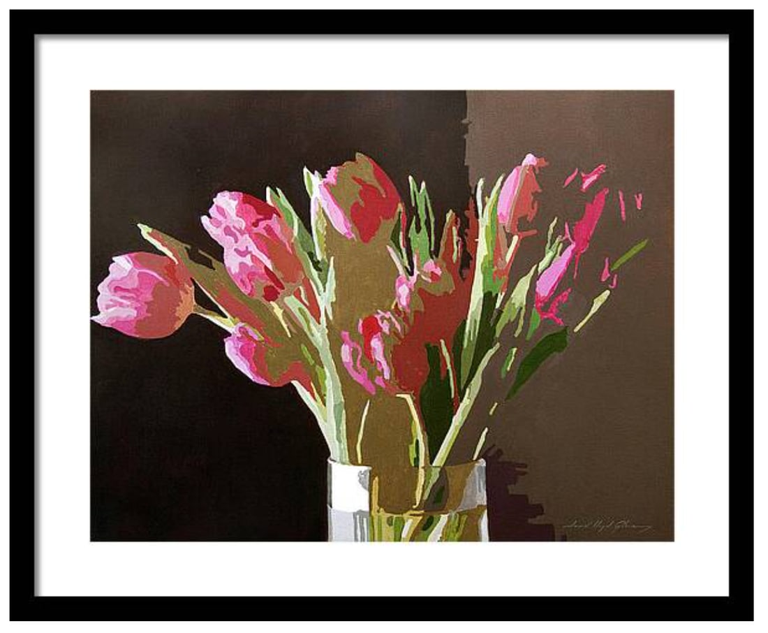 David Lloyd Glover (American 1949) Tulips in Glass Original Mixed Media Painting on canvas by David: Tulips in Glass Original Mixed Media Painting on canvas by David Lloyd Glover Hand signed by the artist One of a kind original. 24x18 inches image size Custom framed and includes certificate of authen