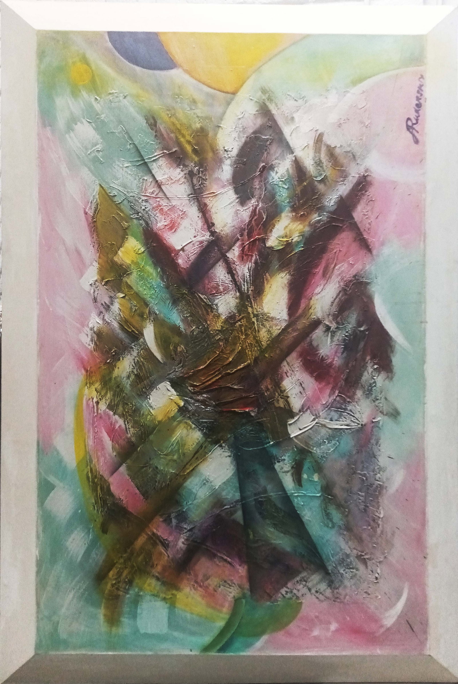 Original oil painting on canvas Abstract by Alexander 60x40 inches: Original oil painting on canvas by Alex Hand signed. One-of-a-kind original. Approx 60x40 inches. Custom framed and includes certificate of authenticity. Art Artwork Artist.