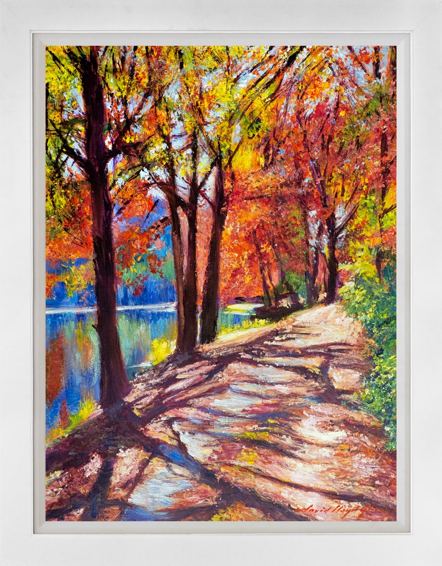 David Lloyd Glover (American 1949) Mixed Media Original Painting on canvas Walk around the Lake: Mixed media on canvas by David Lloyd Glover Hand signed by the artist. On canvas image size. Approx image size 18x24 inches. Custom framed and includes certificate. This work was purchased directly fr