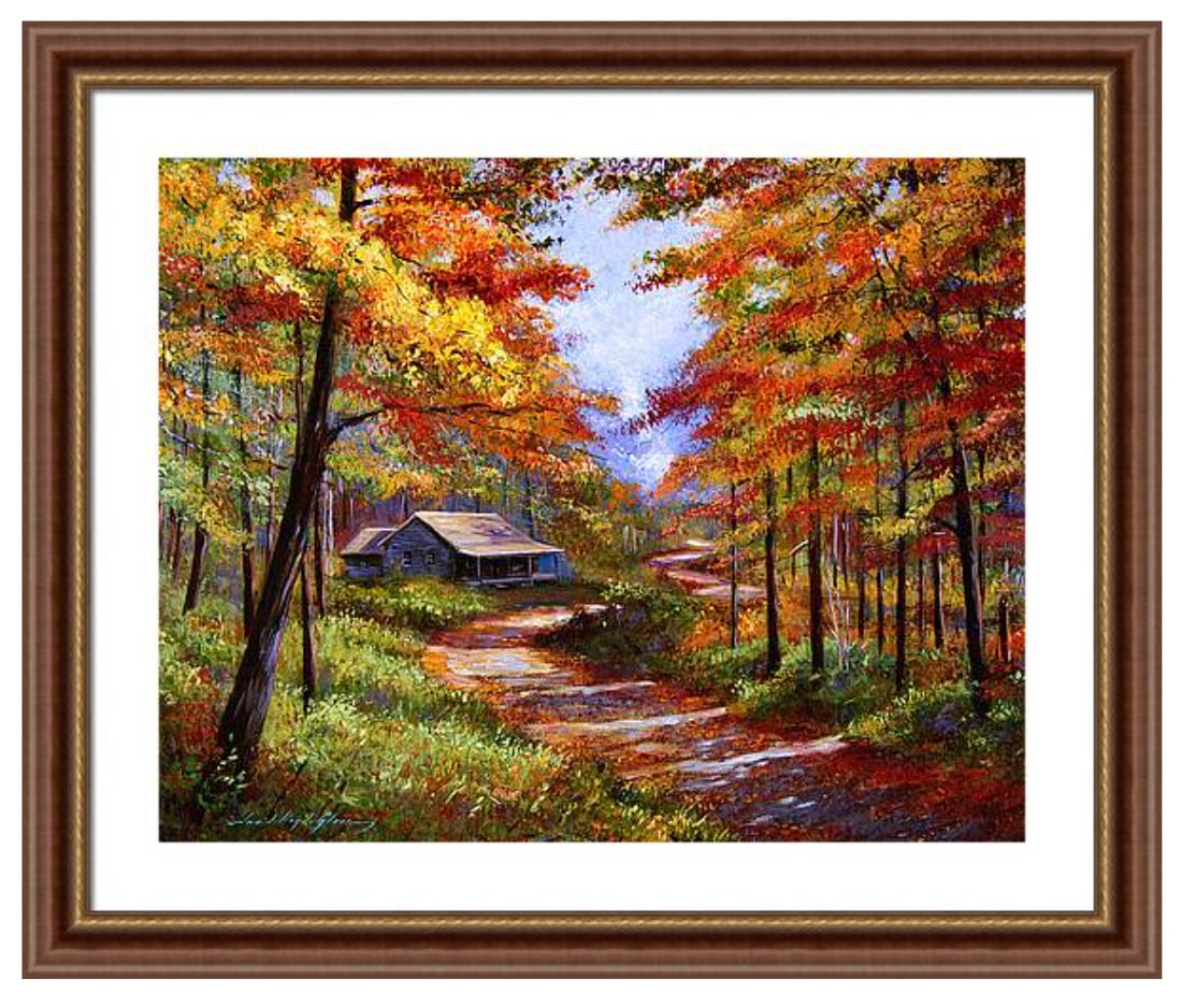 David Lloyd Glover (American 1949) Cabin in the Woods Original Mixed Media Painting on canvas by: Cabin in the Woods Original Mixed Media Painting on canvas by David Llloyd Glover Hand signed by the artist Approx 24x18 inches image size. Custom framed Includes certificate of authenticity. Art Artw