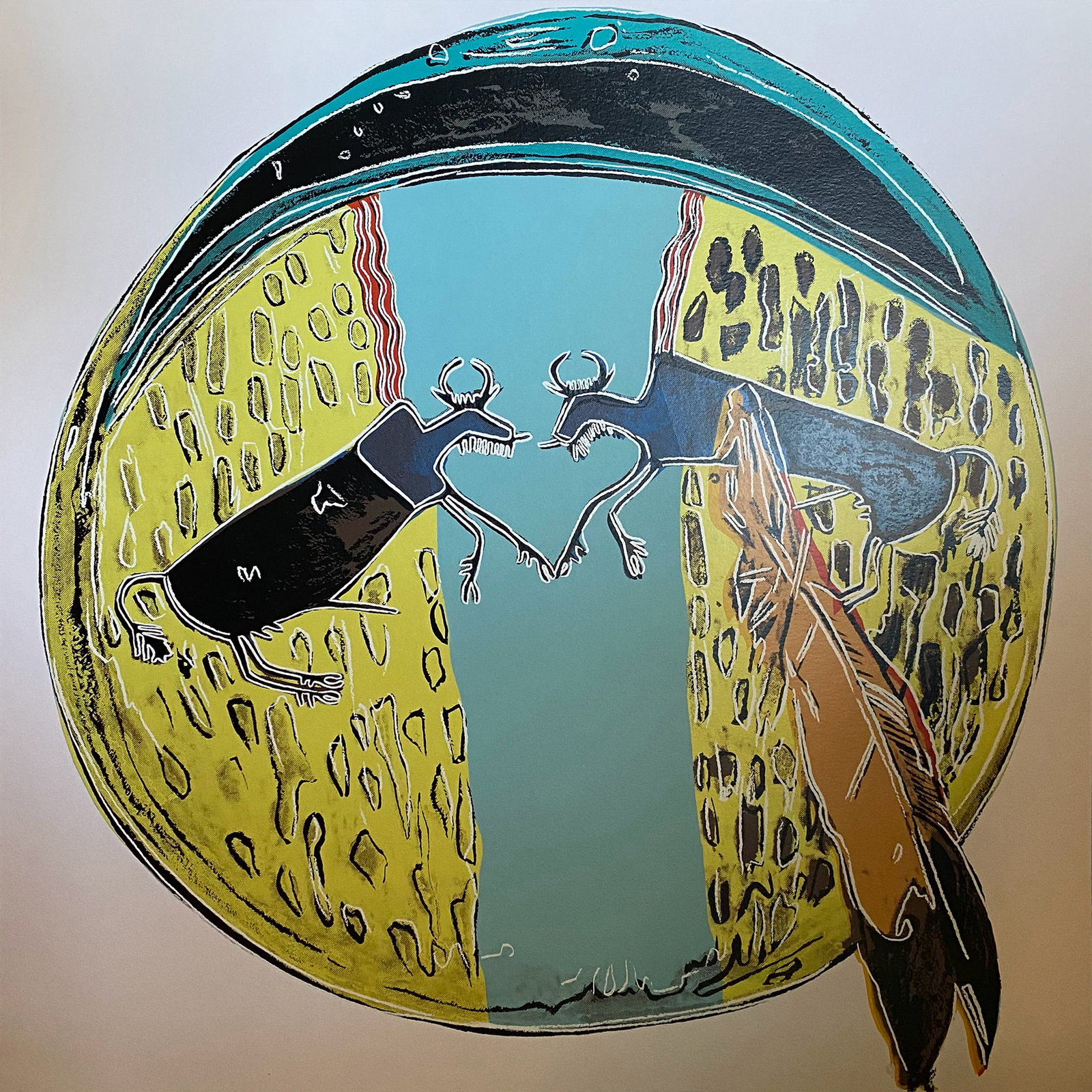 Andy Warhol (American 1928-1987) Serigraph Screenprint Plains Indian Shield 1986 from the Cowboys: Andy Warhol (American 1928-1987) Andy Warhol Plains Indian Shield. Serigraph Screenprint and Colophon. 1986. Approx. 36x36 inches. This working trial proof was made outside the regular edition during 