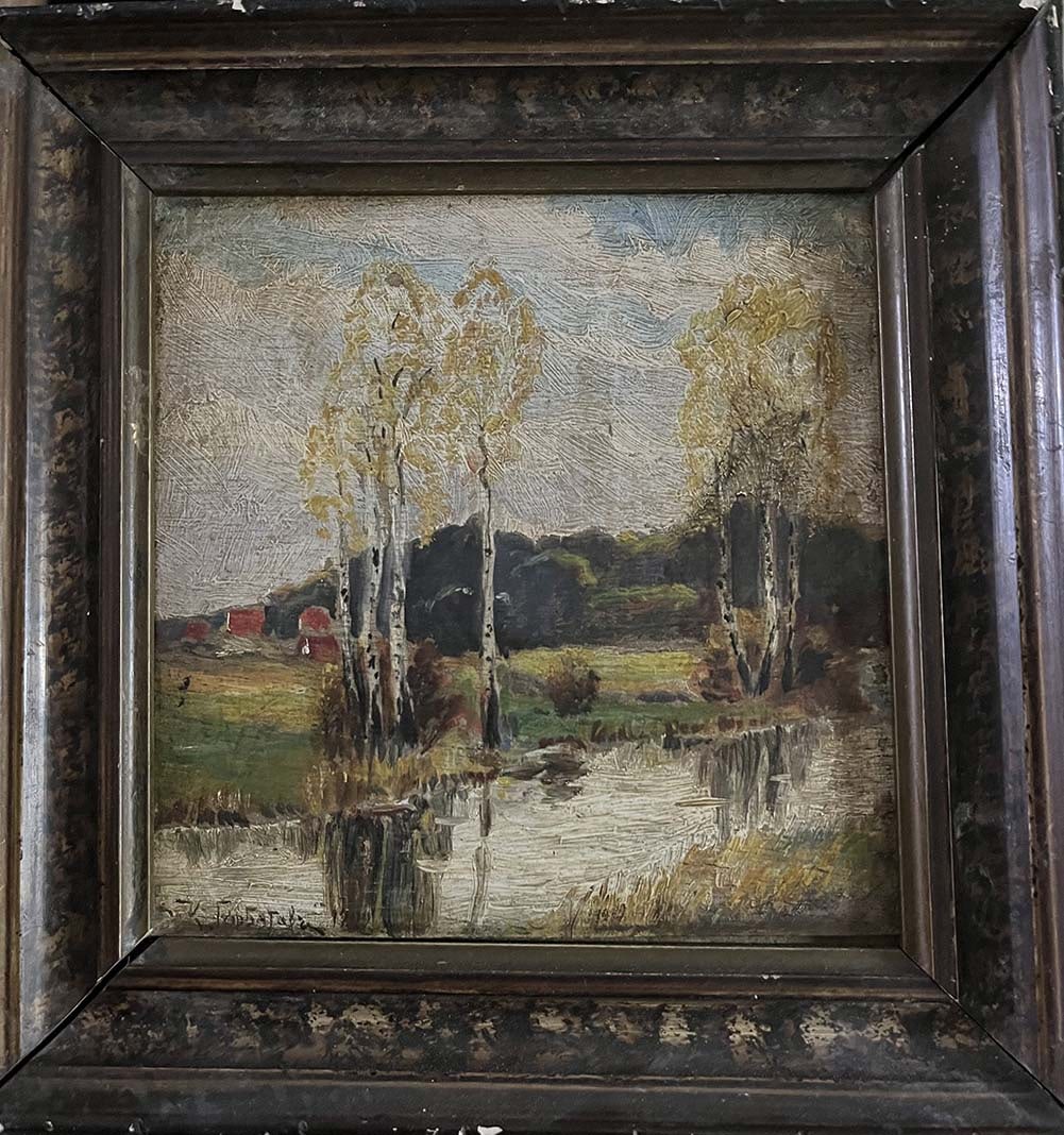 Russian artist illegible name Oil on Wood: Artist: illegible signature (Russia painting) Approximate period: 1900-1930Technique: Oil on wood Title: Rural Landscape Measurements: 15.5 x 15.5 cm Provenance: Private Collection Art Artwork Artist.