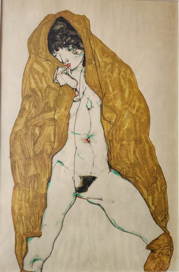 Egon Schiele (Austrian 1890-1918) OLD EGON SCHIELE,3/3 ORIGINAL LITHOGRAPH YOUNG NUDE GIRLS IN OCHRE: Egon Schiele (Austrian 1890-1918)OLD EGON SCHIELE,3/3 ORIGINAL LITHOGRAPH YOUNG NUDE GIRLS IN OCHRE CLOTH Art Artwork Artist.