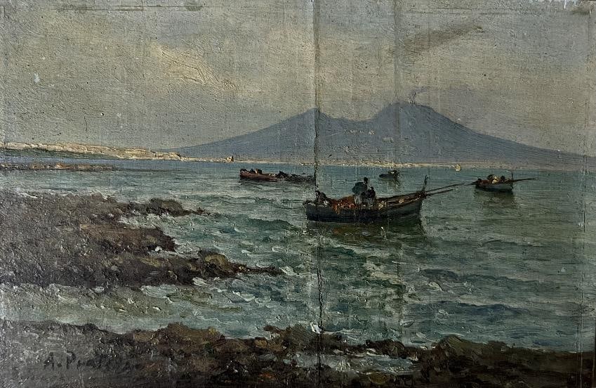 Attilio Pratella (1856-1949) Italian oil on wood: Attilio Pratella Italian 1856-1949 Oil on wood 13x20 cm Marina with fishermen. Provenance Private Collection Art Artwork Artist.