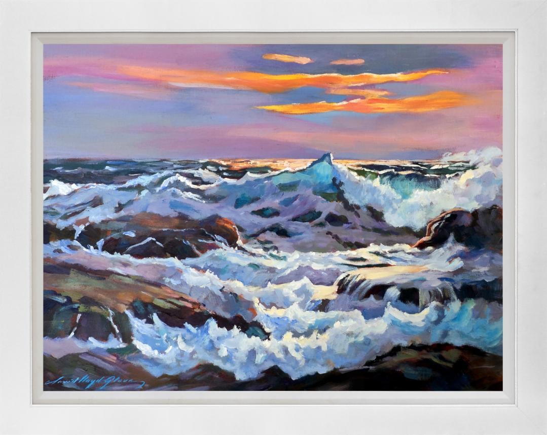 David Lloyd Glover (American 1949) Sunset at the Seacoast Mixed Media Original Painting on canvas Da (1 of 1)