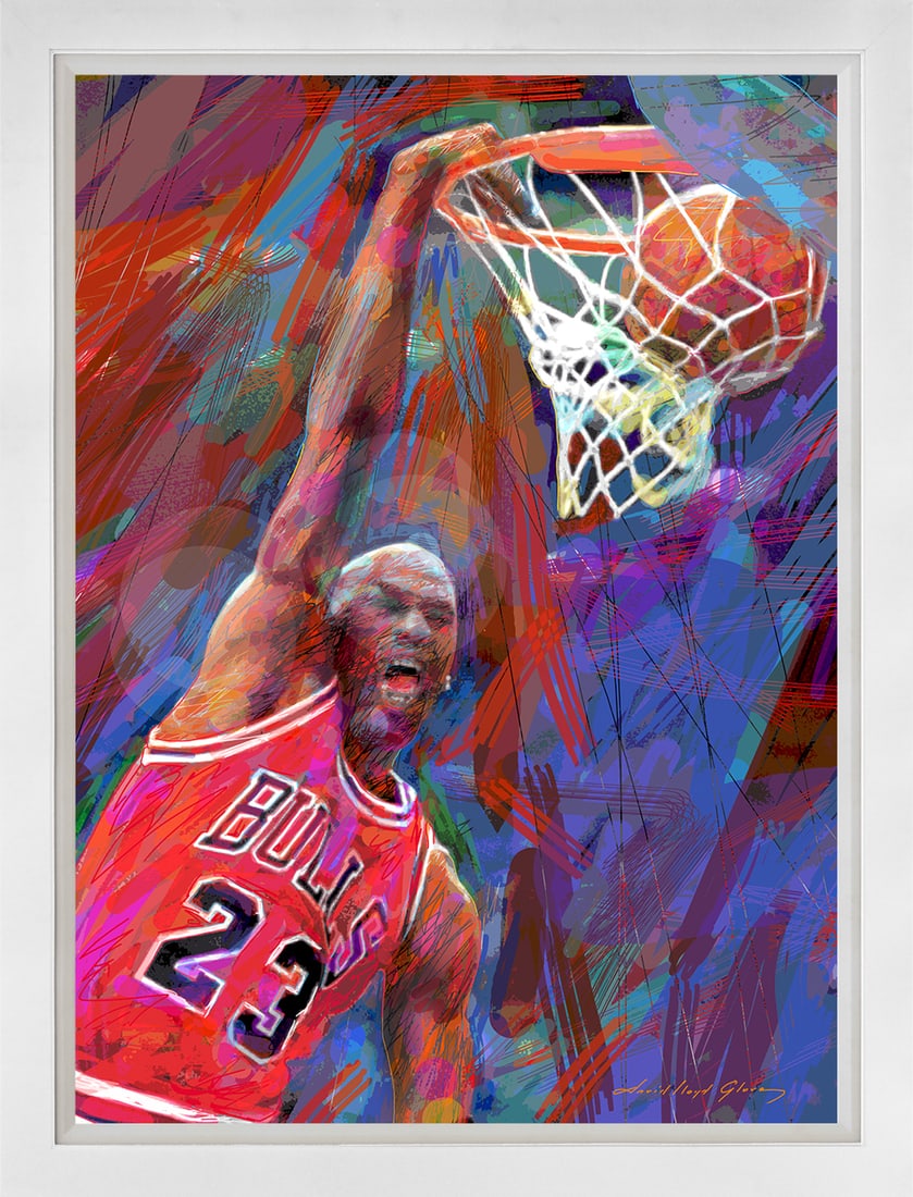 David Lloyd Glover (American 1949) Michael Jordan Ace Mixed Media on canvas by David Lloyd Glover: Original Mixed Media Painting on canvas by David Lloyd Glover Hand signed by the artist. Custom framed and includes documentation from the artist. Approx 24x18 image size and 30x24 inches overall size