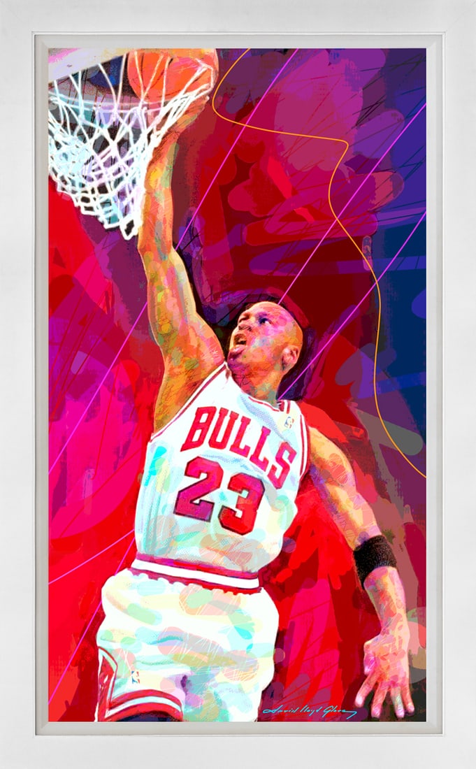 David Lloyd Glover (American 1949) Michael Jordan Slam Dunk Mixed Media on canvas by David Lloyd: Original Mixed Media Painting on canvas by David Lloyd Glover Original Mixed Media Painting on canvas by David Lloyd Glover Hand signed by the artist. Custom framed and includes certificate from the a