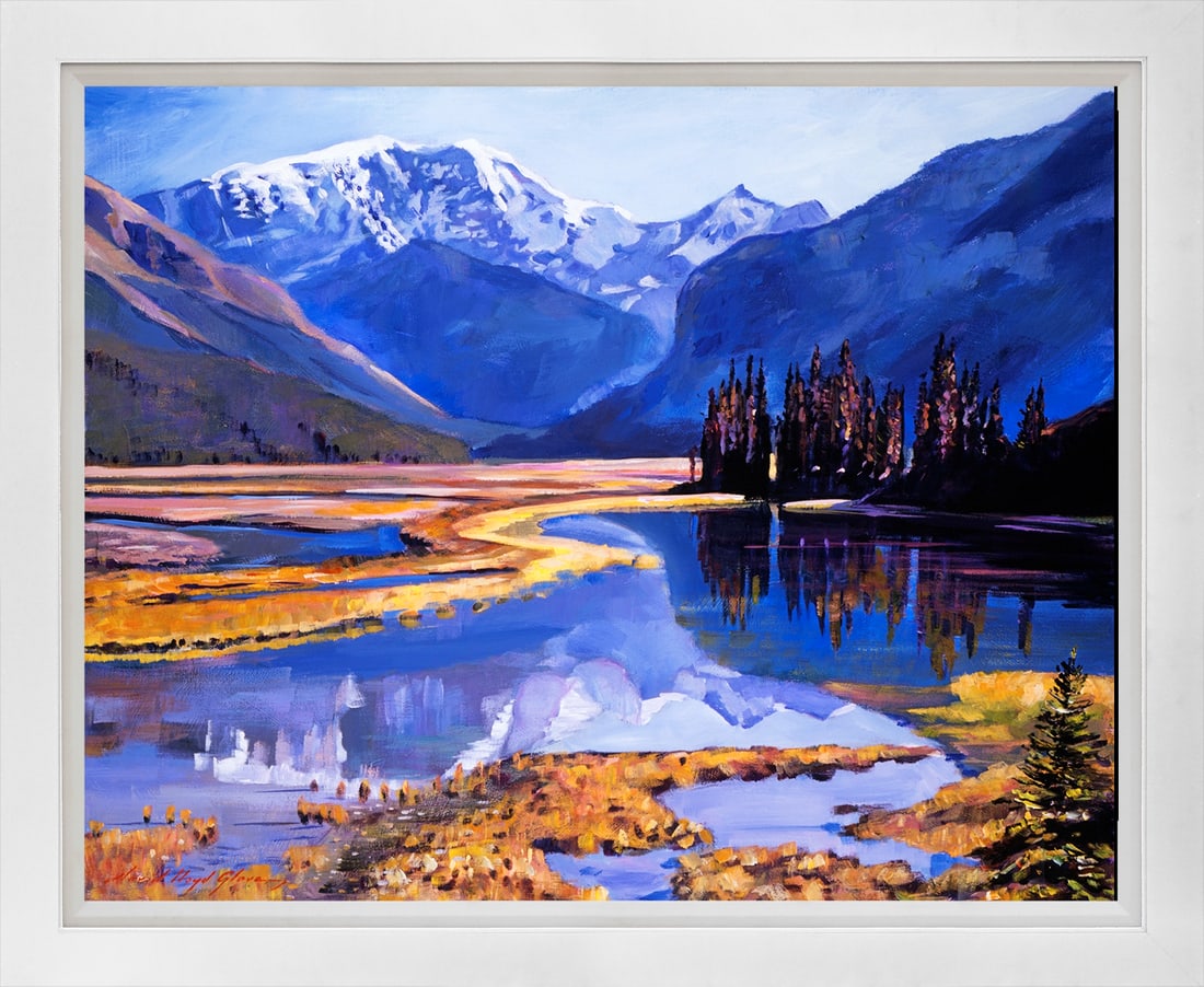 David Lloyd Glover (American 1949) Peaceful River Valley Mixed Media Original Painting on canvas by: Mixed media on canvas by David Lloyd Glover Hand signed by the artist. On canvas image size Approx image size 18x24 inches Custom framed and includes certificate This work was purchased directly from 