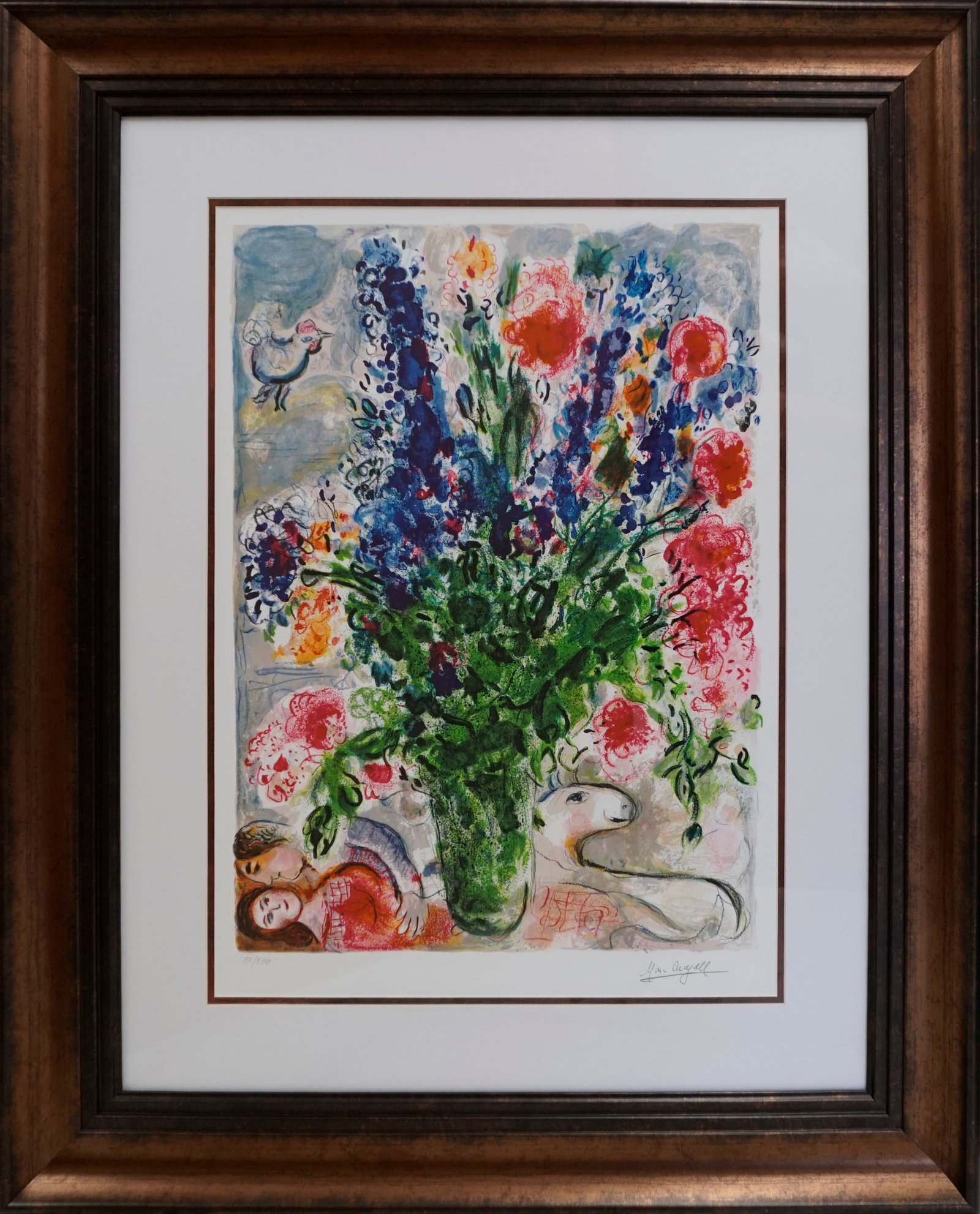 Marc Chagall (Russian-French 1887-1985) Limited Edition Lithograph Lupins Bleu: Marc Chagall (Russian-French 1887-1985) Limited Edition Lithograph Lupins BleuSerenade Lithograph limited edition after Marc Chagall. The signature is in the plate. Approx 30 x 26 inches. Includes cer