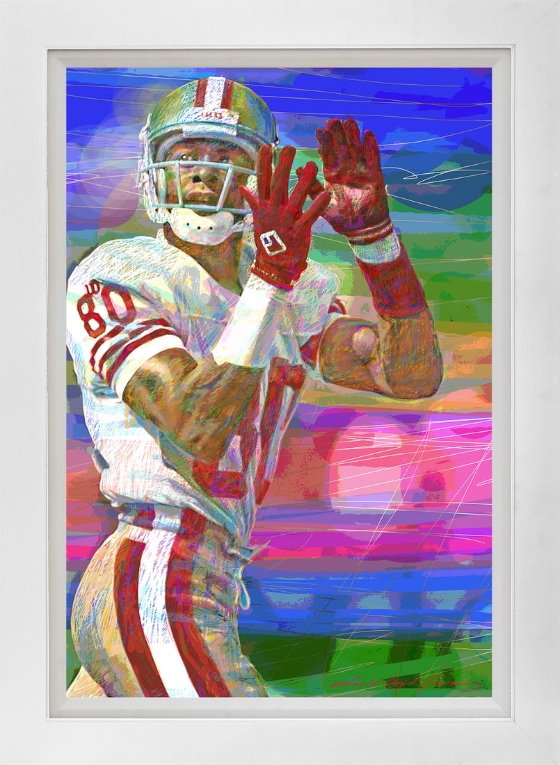 David Lloyd Glover (American 1949) Jerry Rice Superbowl Mixed Media Original Painting on canvas by: Mixed media on canvas by David Lloyd Glover Hand signed by the artist. On canvas. Approx image size 18x24 inches Custom framed and includes certificate. This work was purchased directly from the artis