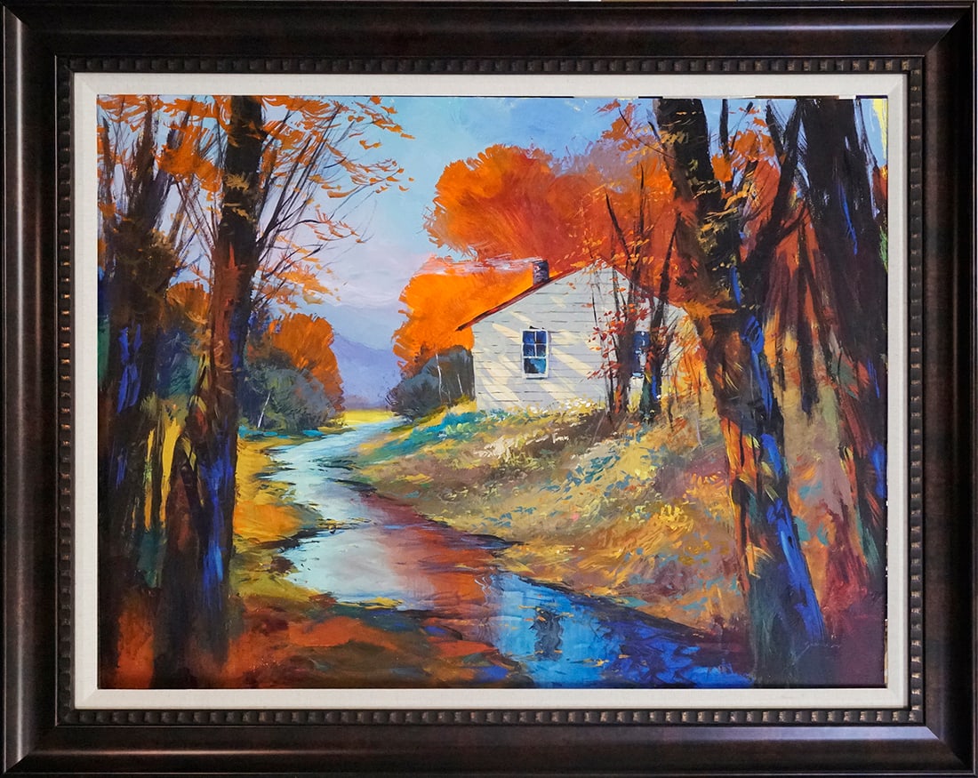 Michael Schofield (American 1947) Original Landscape on canvas Michael Schofield: Michael Schofield (American 1947) Original Painting on canvas. Hand signed by the artist. Approx image size 30 x 40 inches. One-of-a-kind original. Includes certificate Custom framed. This work was pu