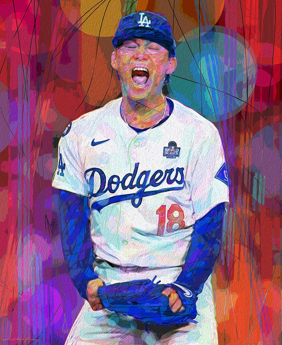 David Lloyd Glover (American 1949) Yoshinobu Yamamoto La Dodgers Victory Hand Embellished Painting (1 of 1)