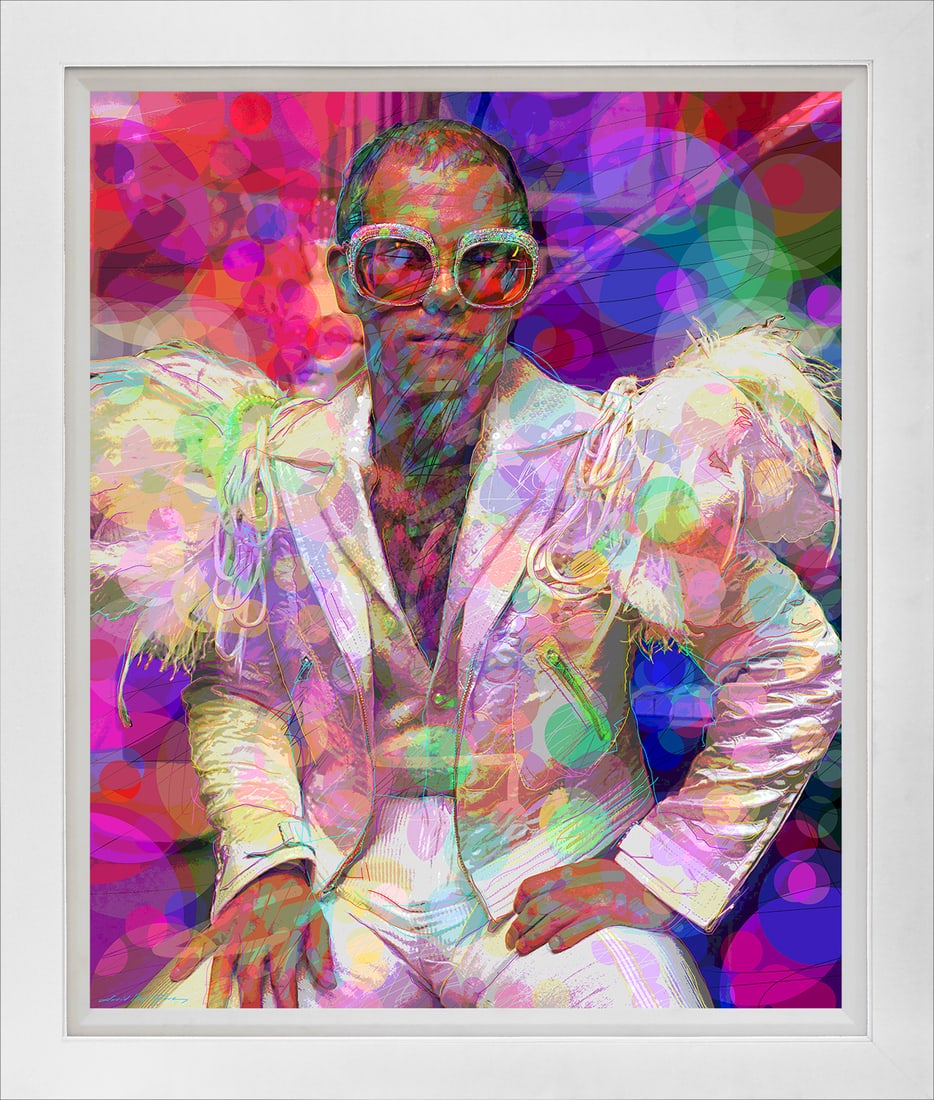 David Lloyd Glover (American 1949) Elton John on canvas Mixed Media Original David Lloyd Glover: Elton John on canvas Mixed Media Original David Lloyd Glover (American 1949)Elton John Splendor Mixed media on canvas by David Lloyd Glover One of a kind. Hand signed by the artist. On canvas Approx i