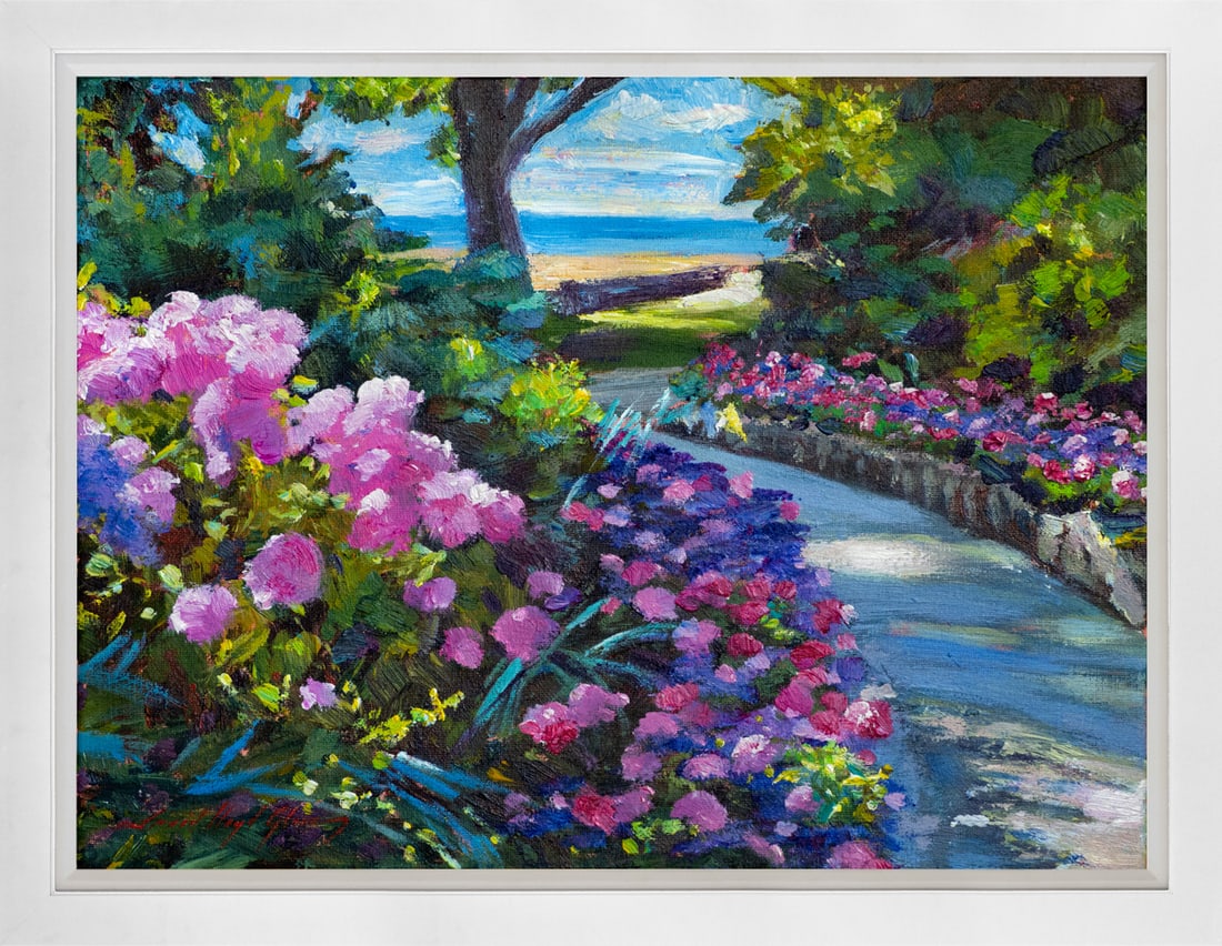 David Lloyd Glover (American 1949) Spring Colors at the Seashore Original Mixed Media Painting on: Spring Colors at the Seashore Original Mixed Media Painting on canvasHand signed by the artist David Lloyd Glover On canvas. Approx image size 24 x18 inches. Custom framed and includes certificate. Th