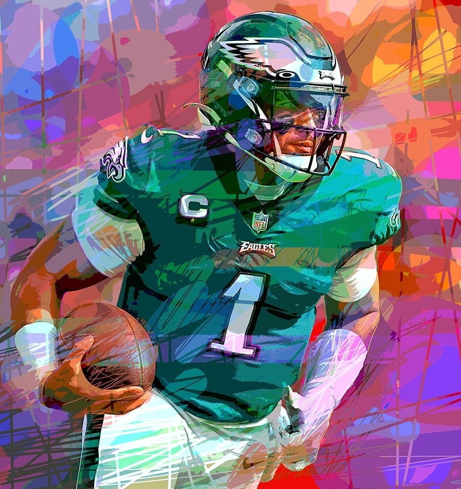 David Lloyd Glover (American 1949) Jalen Hurts Original Mixed Media Painting on canvas David Lloyd: Original Mixed Media Painting on canvas Hand signed by the artist David Lloyd Glover On canvas. Approx image size 24 x18 inches. Custom framed and includes certificate. This work was purchased directl